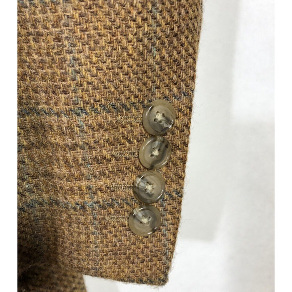 Tweed Plaid Blazer Brown and Blue 46 Two-Button Wool Academia Elbow Patches - Picture 6 of 14